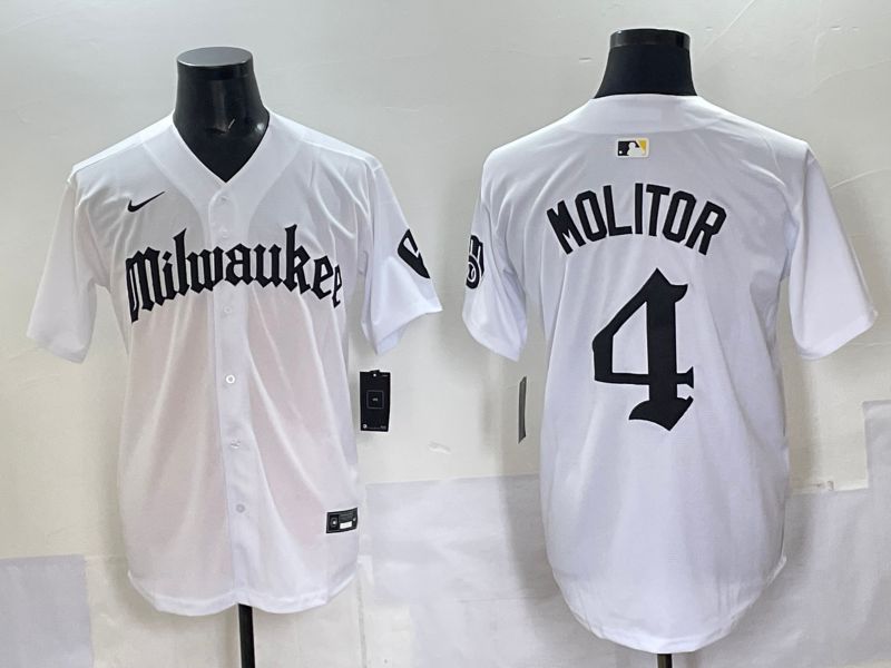Men 2025 Milwaukee Brewers #4 Molitor White Five generations Joint Name Nike MLB Jersey style 2